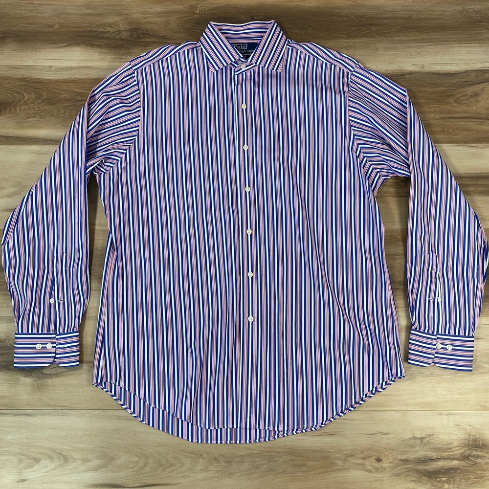 Polo Ralph Lauren Regent Classic Fit Shirt Men 16.5 Large Blue Pink Stripe 90s